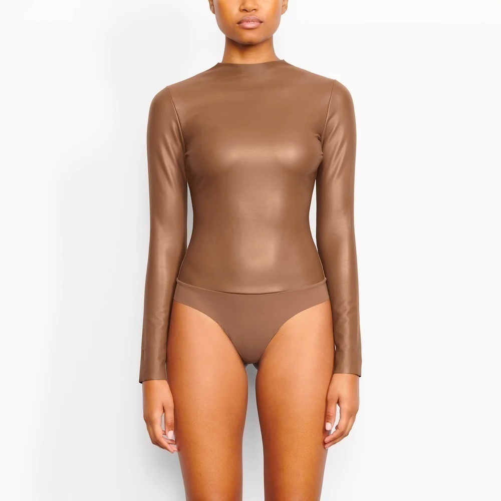 NWT SKIMS Faux Leather Mock Neck Bodysuit Jasper XS